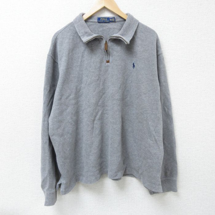 XL★古着 ラルフローレン Ralph Lauren 長袖 ブランド ハーフジップ トップス メンズ ワンポイントロゴ 大きいサイズ コットン グレー 霜降り 25mar13 中古 スエット トレーナー