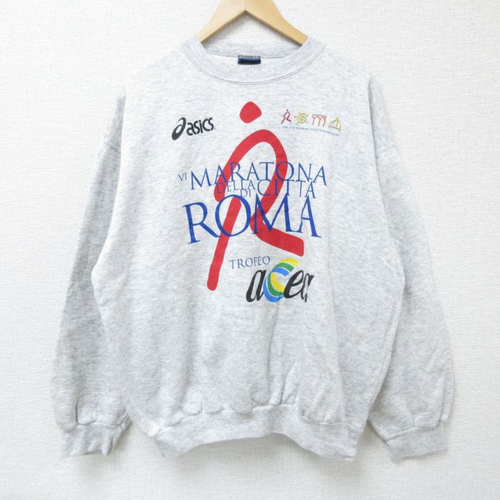 XL★古着 アシックス 長袖 スウェット メンズ 90年代 90s ROMA 大きいサイズ クルーネック 薄グレー 霜降り 25mar13 中古 スエット トレーナー トップス