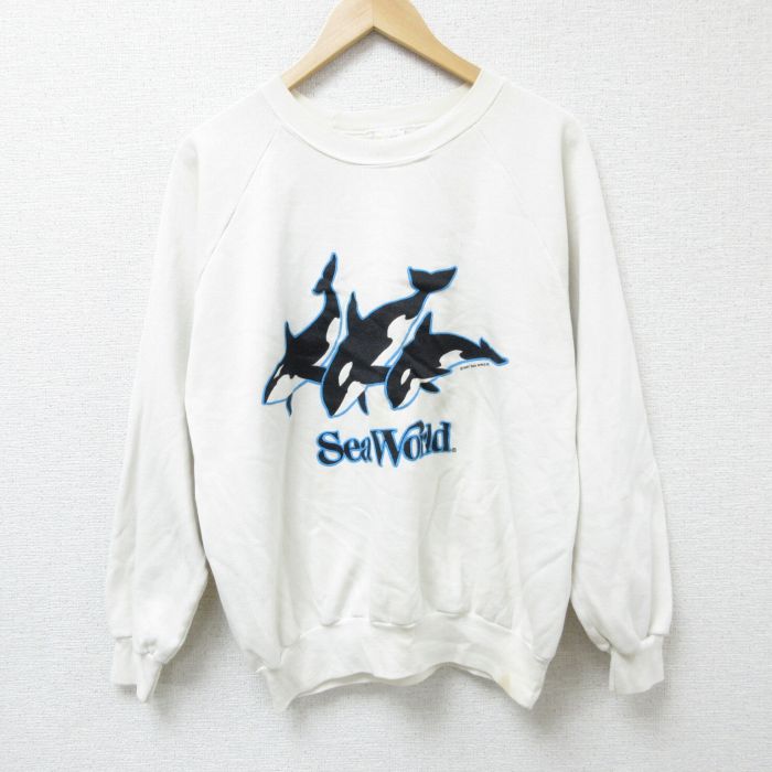 【50%OFF】L★古着 長袖 スウェット メンズ 80年代 80s シャチ クルーネック 白 ホワイト 25mar13 中古 スエット トレーナー トップス