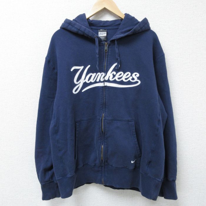 XL★古着 ナイキ NIKE 長袖 フルジップ スウェット パーカー メンズ MLB ニューヨークヤンキース 刺繍 大きいサイズ 紺 ネイビー メジャーリーグ ベースボール 野球 25mar13 中古 スエット トレーナー トップス