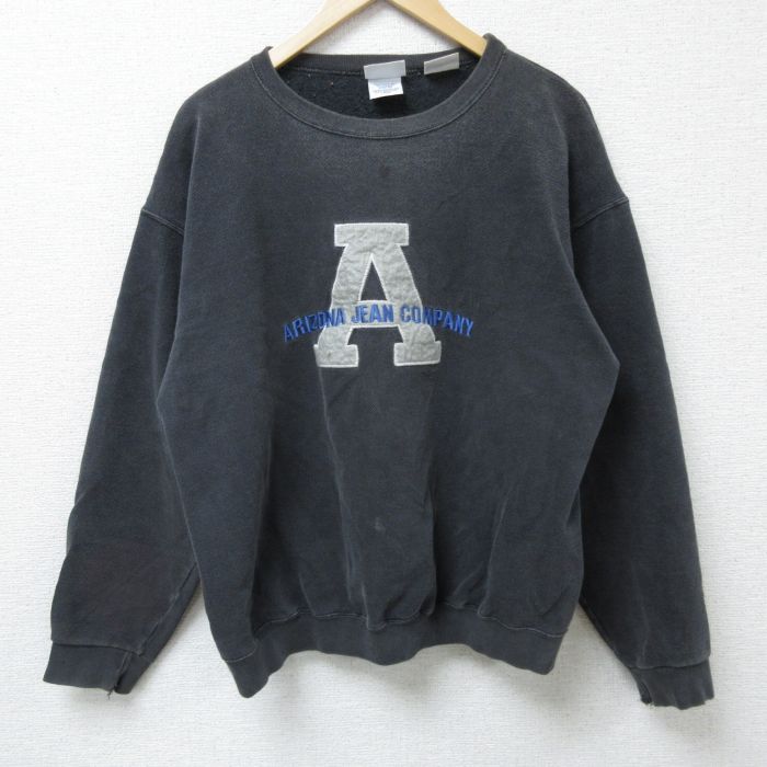 XL★古着 長袖 スウェット メンズ 90年代 90s アリゾナ 刺繍 鹿の子 ボロ クルーネック USA製 黒 ブラック 25mar13 中古 スエット トレーナー トップス