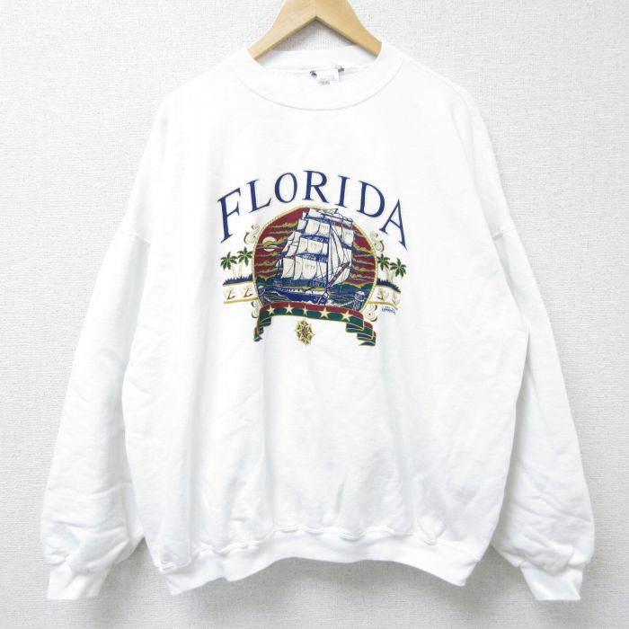 XL★古着 長袖 スウェット メンズ 90年代 90s フロリダ 大きいサイズ クルーネック USA製 白 ホワイト 25mar13 中古 スエット トレーナー トップス