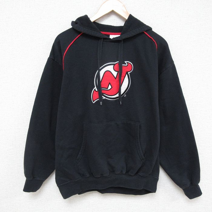 XL★古着 マジェスティック 長袖 スウェット パーカー メンズ 00年代 00s NHL ニュージャージーデビルス 刺繍 大きいサイズ 黒 ブラック アイスホッケー 25mar07 中古 スエット トレーナー トップス
