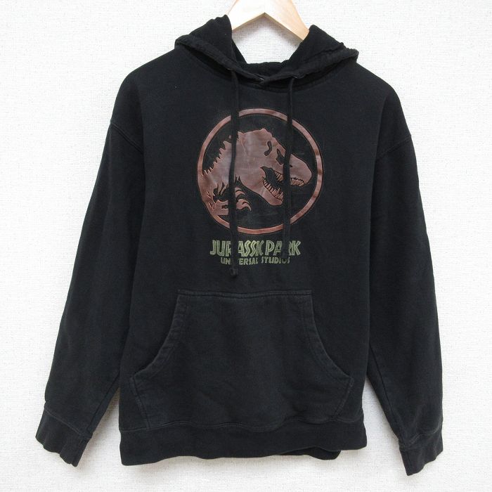 M★古着 長袖 スウェット パーカー メンズ 映画 ジュラシックパーク 黒 ブラック 25mar07 中古 スエット トレーナー トップス