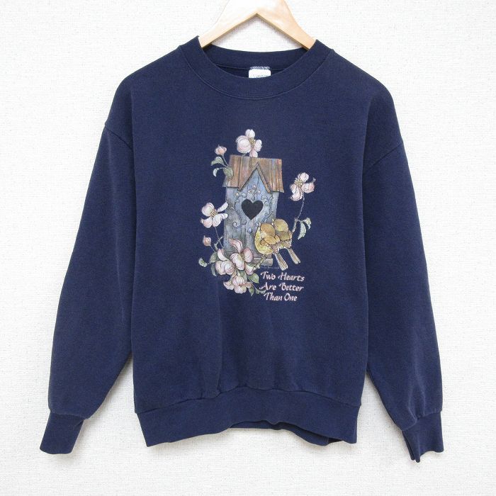 M★古着 長袖 スウェット メンズ 00年代 00s 花 クルーネック 紺 ネイビー 25mar07 中古 スエット トレーナー トップス