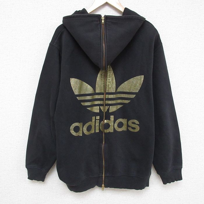 XL★古着 アディダス adidas ジェレミースコット 長袖 フルジップ スウェット パーカー メンズ リーフ トレフォイル 大きいサイズ クルーネック 黒 ブラック 【spe】 25mar07 中古 スエット トレーナー トップス