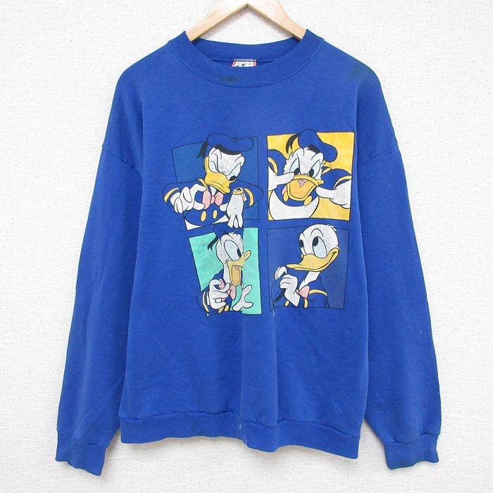 L★古着 長袖 スウェット メンズ 90年代 90s ディズニー DISNEY ドナルド クルーネック USA製 青 ブルー 25mar07 中古 スエット トレーナー トップス