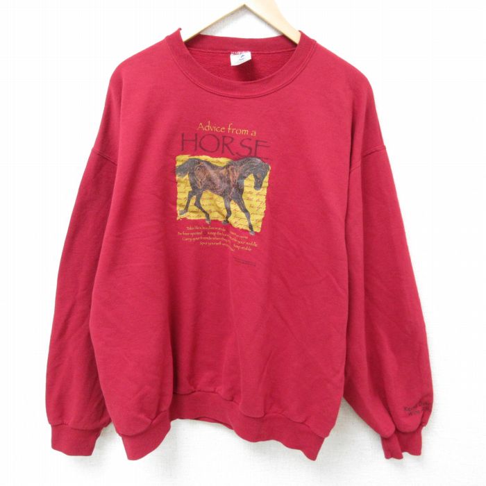 XL★古着 ジャージーズ 長袖 スウェット メンズ 00年代 00s 馬 クルーネック 赤 レッド 25mar13 中古 スエット トレーナー トップス