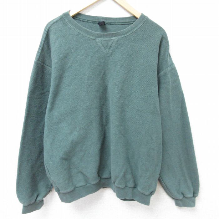 XL★古着 ランズエンド 長袖 トップス メンズ 90年代 90s 無地 鹿の子 コットン クルーネック USA製 濃緑 グリーン 【spe】 25mar13 中古 スエット トレーナー