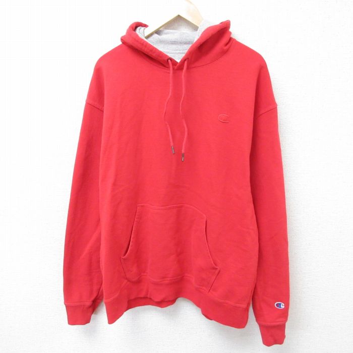 XL★古着 チャンピオン Champion 長袖 スウェット パーカー メンズ ワンポイントロゴ クルーネック 赤 レッド 25mar13 中古 スエット トレーナー トップス