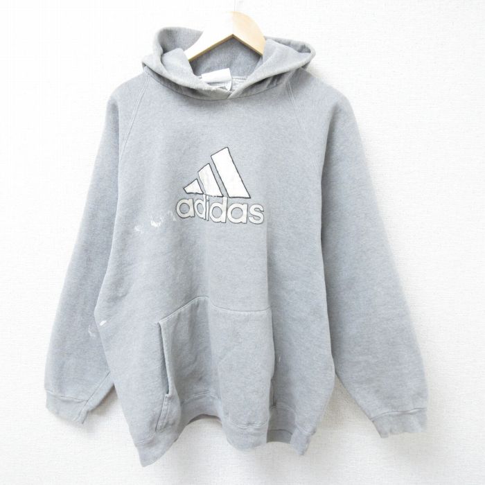 XL★古着 アディダス adidas 長袖 スウェット パーカー メンズ 90年代 90s ビッグロゴ 刺繍 大きいサイズ ラグラン USA製 グレー 霜降り 25mar13 中古 スエット トレーナー トップス