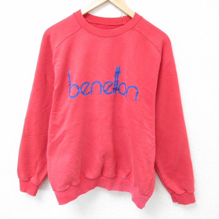 L★古着 ベネトン BENETTON 長袖 スウェット メンズ 80年代 080s ビッグロゴ クルーネック 赤 レッド 25mar13 中古 スエット トレーナー トップス
