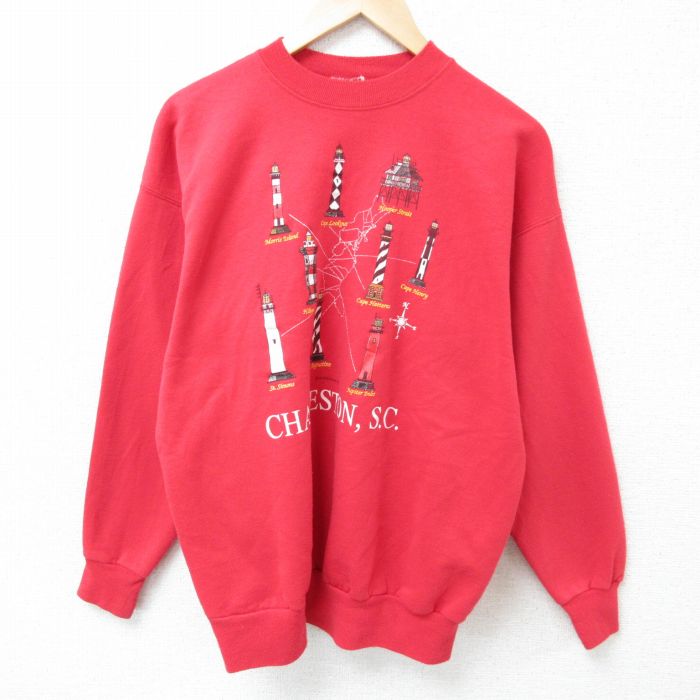 L★古着 長袖 スウェット メンズ 00年代 00s 灯台 クルーネック 赤 レッド 25mar13 中古 スエット トレーナー トップス