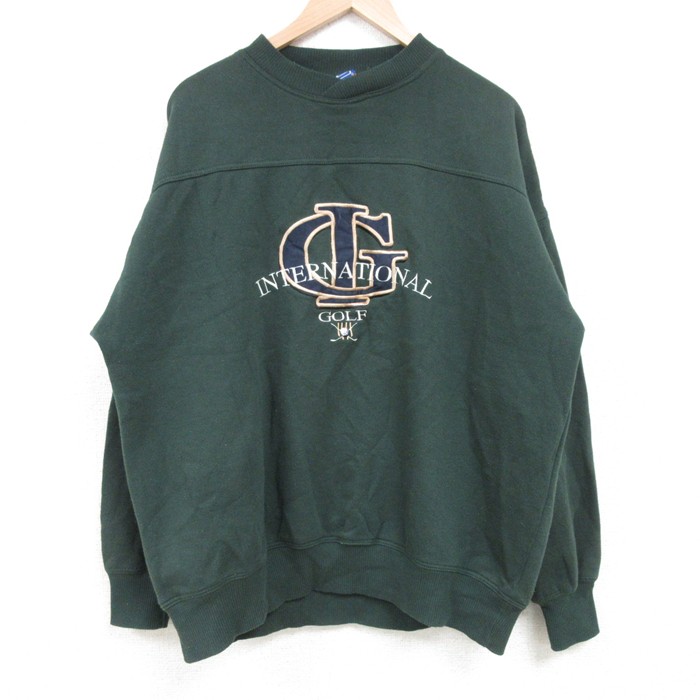 XL★古着 長袖 スウェット メンズ 00年代 00s ゴルフ 刺繍 大きいサイズ クルーネック 濃緑 グリーン 25mar13 中古 スエット トレーナー トップス