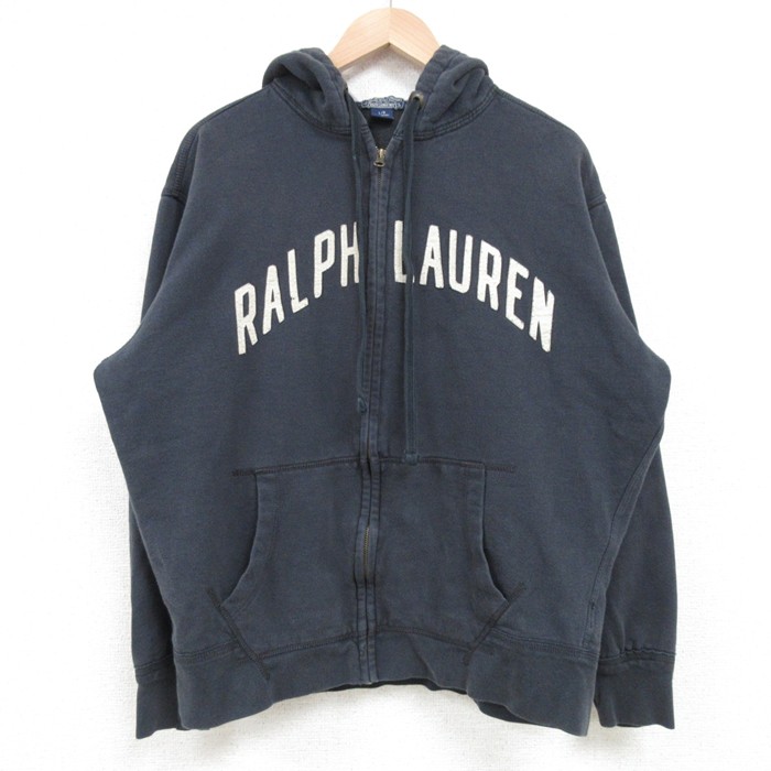 L★古着 ラルフローレン Ralph Lauren ポロジーンズ 長袖 ブランド フルジップ スウェット パーカー メンズ ビッグロゴ 紺 ネイビー フード内側サーマル 25mar13 中古 スエット トレーナー トップス