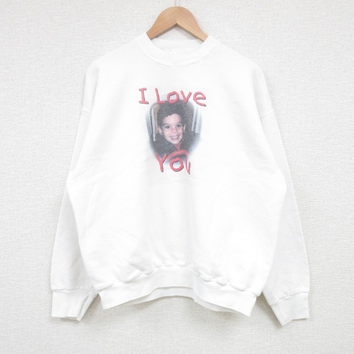 L★古着 フルーツオブザルーム 長袖 スウェット メンズ 90年代 90s I Love You クルーネック 白 ホワイト 25mar13 中古 スエット トレーナー トップス