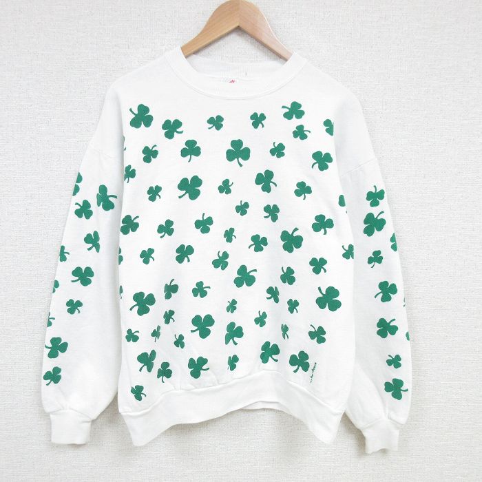 XL★古着 ジャージーズ 長袖 スウェット メンズ 90年代 90s ミシガンラグ クローバー 総柄 クルーネック USA製 白 ホワイト 【spe】 25mar07 中古 スエット トレーナー トップス