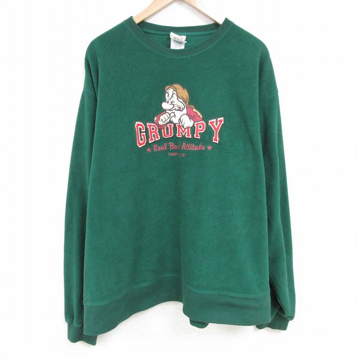 XL★古着 長袖 フリース トップス メンズ 00年代 00s ディズニー DISNEY しらゆきひめ 7人の小人 七人のこびと グランピー 刺繍 大きいサイズ ポリエステル クルーネック 濃緑 グリーン 25mar07 中古 スエット トレーナー