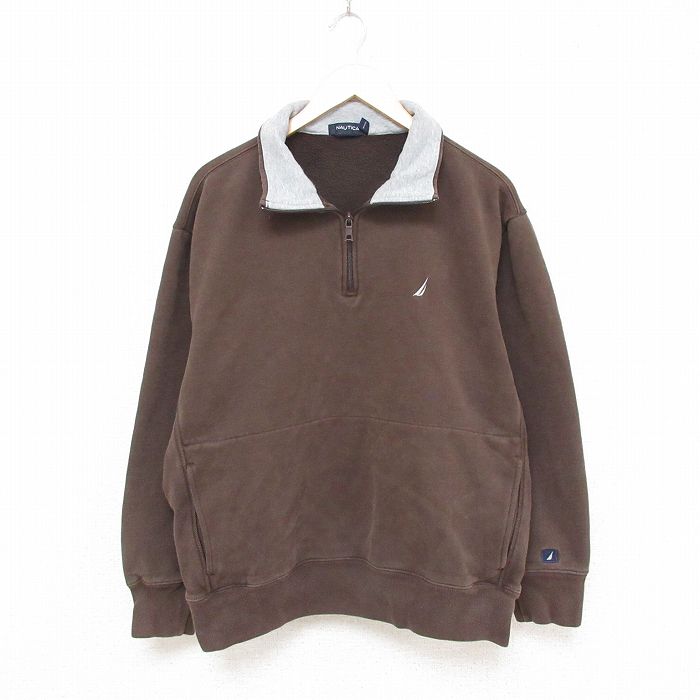 XL★古着 ノーティカ NAUTICA 長袖 ブランド ハーフジップ スウェット メンズ ワンポイントロゴ 大きいサイズ クルーネック 茶 ブラウン 25mar08 中古 スエット トレーナー トップス