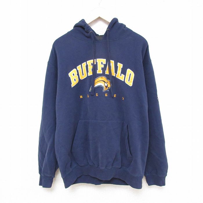 【50%OFF】XL★古着 長袖 スウェット パーカー メンズ NHL バッファローセイバーズ 刺繍 大きいサイズ 紺 ネイビー アイスホッケー 25mar08 中古 スエット トレーナー トップス