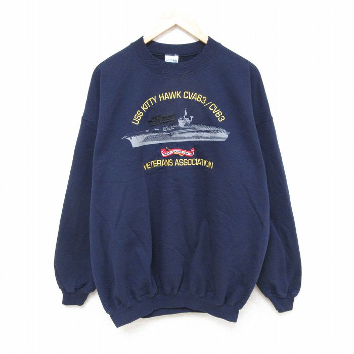 XL★古着 長袖 スウェット メンズ 00年代 00s 軍艦 刺繍 大きいサイズ クルーネック 紺 ネイビー 【spe】 25mar08 中古 スエット トレーナー トップス