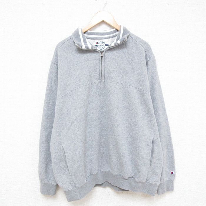 XL★古着 チャンピオン Champion 長袖 ハーフジップ スウェット メンズ 無地 大きいサイズ グレー 霜降り 25mar08 中古 スエット トレーナー トップス