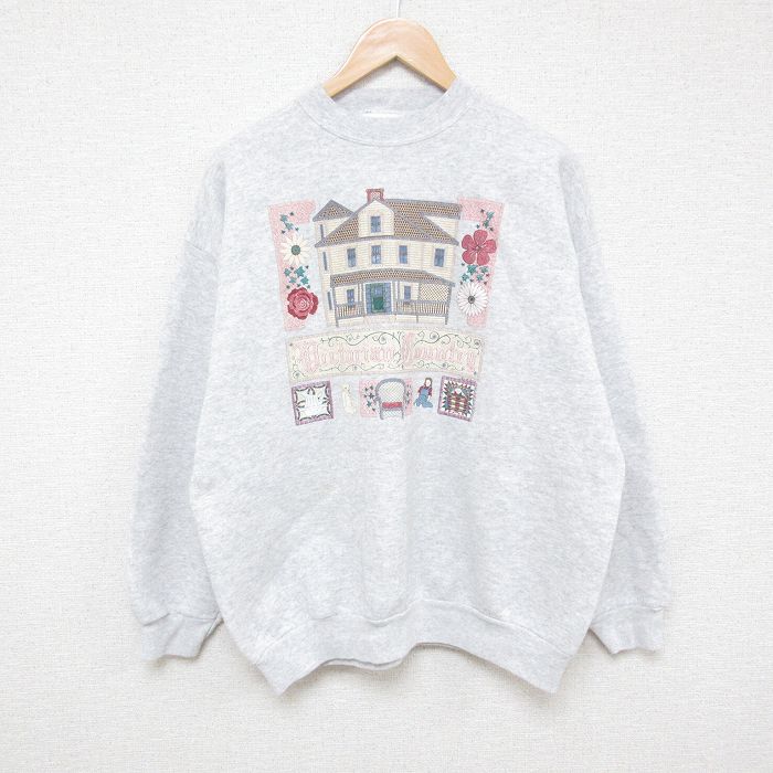 XL★古着 長袖 スウェット メンズ 00年代 00s 家 花 クルーネック グレー 霜降り 25mar08 中古 スエット トレーナー トップス
