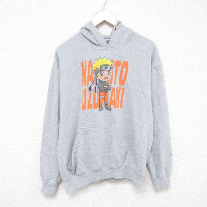 L★古着 長袖 スウェット パーカー メンズ アニメ NARUTO ナルト疾風伝 グレー 霜降り 25mar08 中古 スエット トレーナー トップス