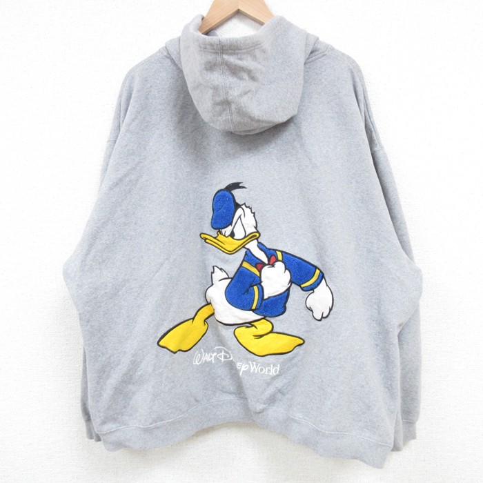 XL★古着 長袖 フルジップ スウェット パーカー メンズ 00年代 00s ディズニー DISNEY ドナルド 大きいサイズ グレー 霜降り 25mar08 中古 スエット トレーナー トップス