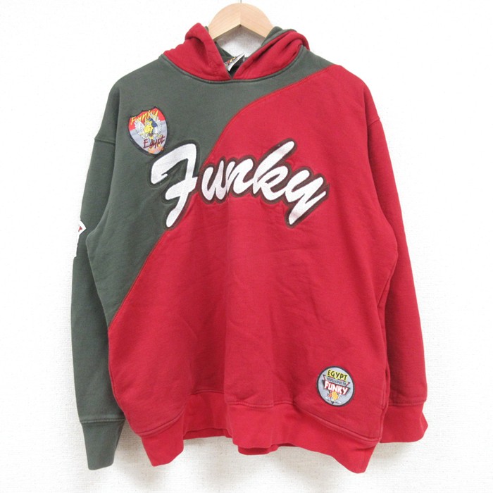 L★古着 長袖 スウェット パーカー メンズ ファンキー ツートンカラー コットン 赤他 レッド 25mar08 中古 スエット トレーナー トップス