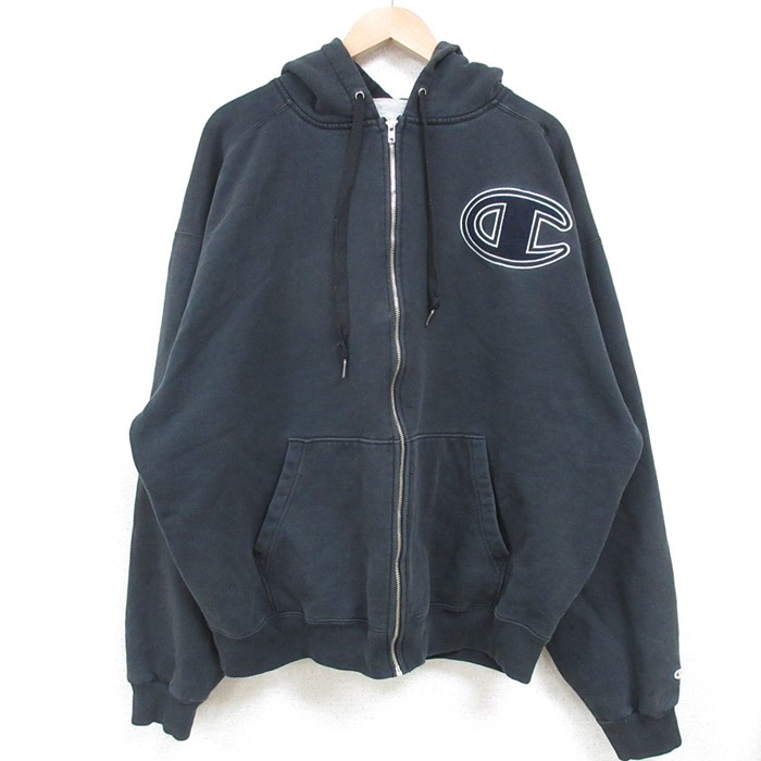 XL★古着 チャンピオン Champion 長袖 フルジップ スウェット パーカー メンズ 00年代 00s ビッグロゴ 黒 ブラック 【spe】 25mar08 中古 スエット トレーナー トップス