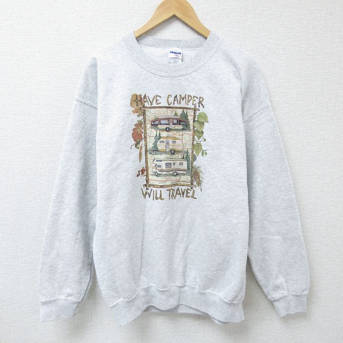【50%OFF】L★古着 長袖 スウェット メンズ 00年代 00s キャンピングカー クルーネック 薄グレー 霜降り 25mar10 中古 スエット トレーナー トップス