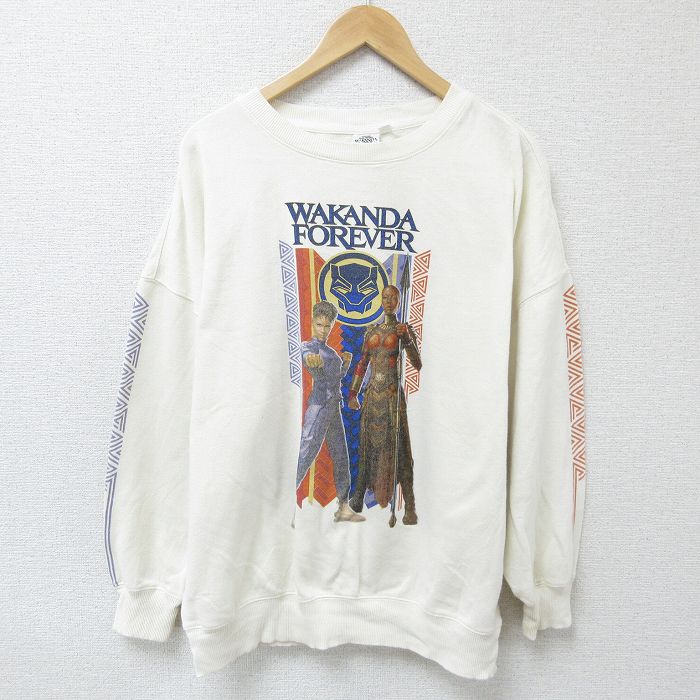 XL★古着 長袖 スウェット メンズ マーベル ブラックパンサー クルーネック 薄ベージュ カーキ 25mar10 中古 スエット トレーナー トップス