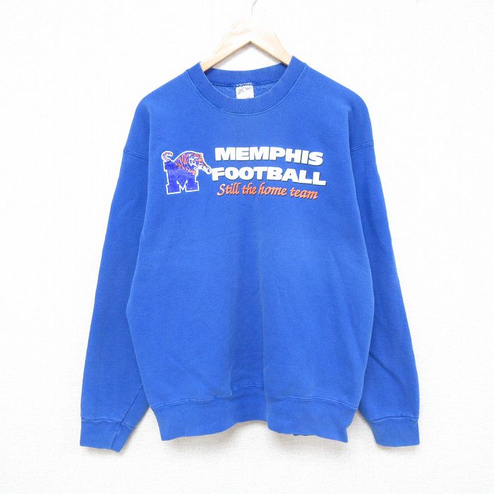 L★古着 フルーツオブザルーム 長袖 スウェット メンズ 90年代 90s メンフィスタイガース フットボール クルーネック USA製 青 ブルー 25mar14 中古 スエット トレーナー トップス