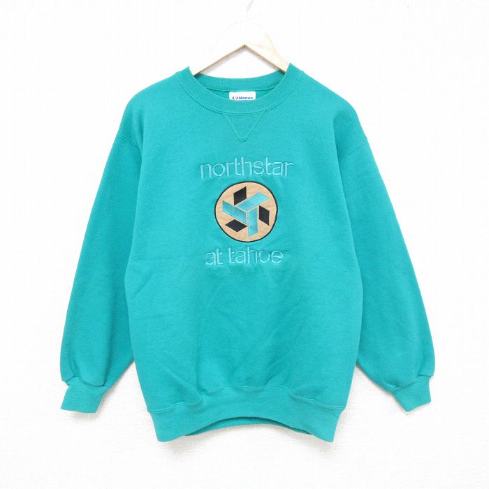 【50%OFF】M★古着 ヘインズ Hanes 長袖 スウェット メンズ 90年代 90s northsta 刺繍 クルーネック 青緑 25mar14 中古 スエット トレーナー トップス