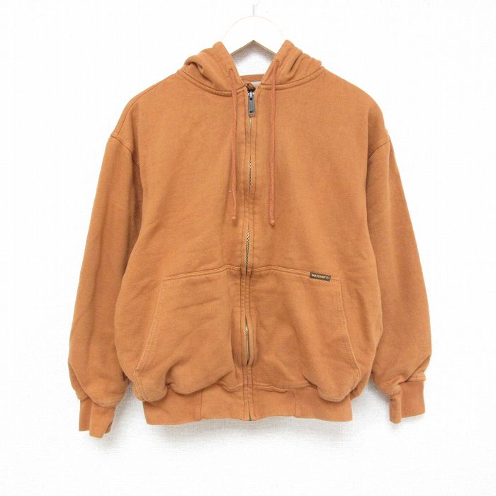 L★古着 長袖 フルジップ スウェット パーカー メンズ 無地 薄茶 ブラウン 内側サーマル 25mar14 中古 スエット トレーナー トップス