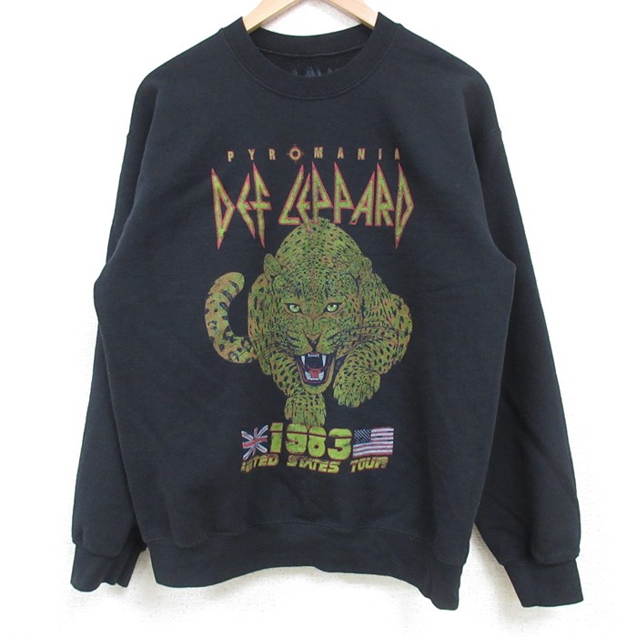 M★古着 長袖 ロック バンド スウェット メンズ デフレパード クルーネック 黒 ブラック 【spe】 25mar11 中古 スエット トレーナー トップス