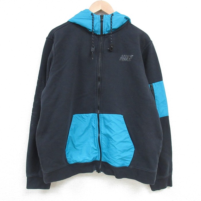 XL★古着 ナイキ NIKE 長袖 フルジップ スウェット パーカー メンズ ワンポイントロゴ ツートンカラー 黒他 ブラック 25mar11 中古 スエット トレーナー トップス