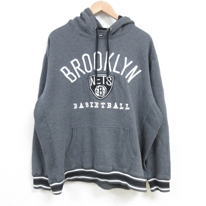 XL★古着 長袖 スウェット パーカー メンズ NBA ブルックリンネッツ 刺繍 濃グレー 霜降り バスケットボール 25mar11 中古 スエット トレーナー トップス