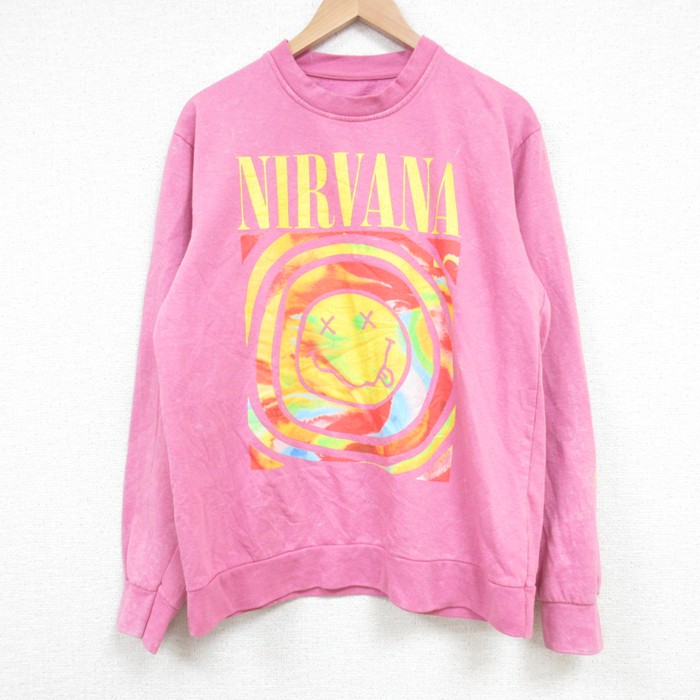 M★古着 長袖 ロック バンド スウェット メンズ 00年代 00s ニルバーナ クルーネック ピンク 【spe】 25mar11 中古 スエット トレーナー トップス
