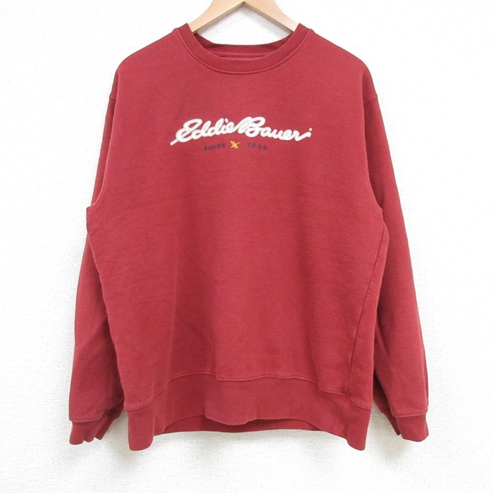L★古着 エディーバウアー Eddie Bauer 長袖 スウェット メンズ ビッグロゴ クルーネック エンジ 25mar11 中古 スエット トレーナー トップス