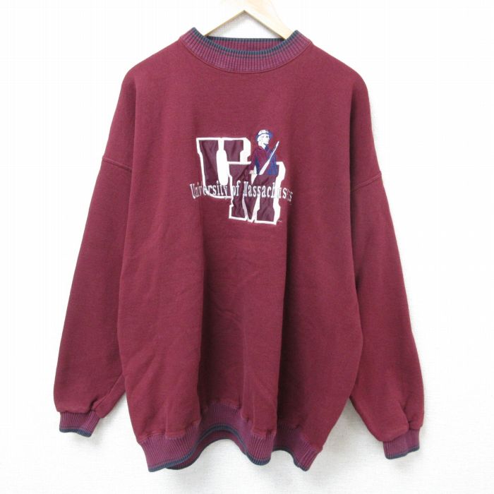 【50%OFF】XL★古着 長袖 スウェット メンズ 90年代 90s マサチューセッツ 大学 刺繍 大きいサイズ クルーネック USA製 エンジ 25mar14 中古 スエット トレーナー トップス