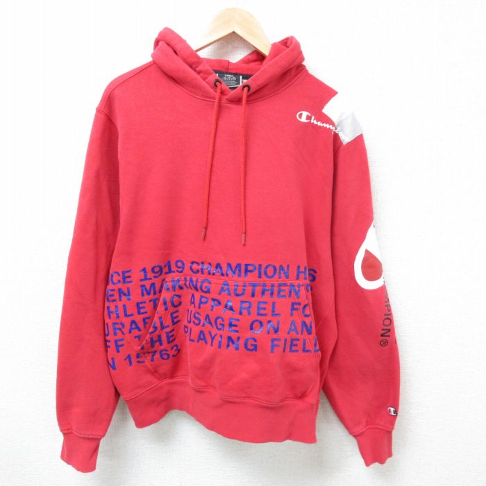 XL★古着 チャンピオン Champion 長袖 スウェット パーカー メンズ ビッグロゴ 赤 レッド 25mar14 中古 スエット トレーナー トップス