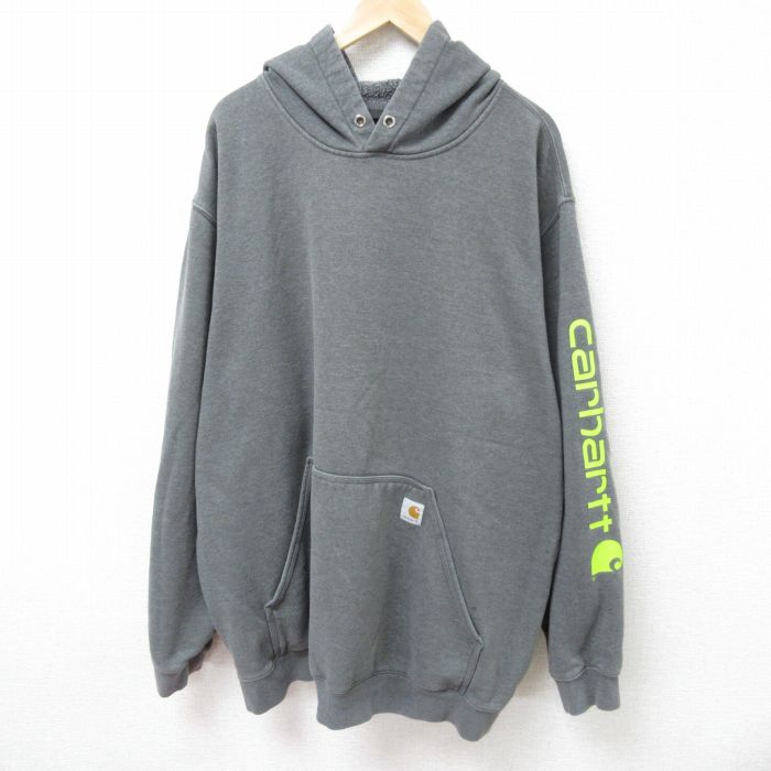 【50%OFF】XL★古着 カーハート Carhartt 長袖 スウェット パーカー メンズ 00年代 00s ビッグロゴ 大きいサイズ ロング丈 濃グレー 霜降り 25mar14 中古 スエット トレーナー トップス