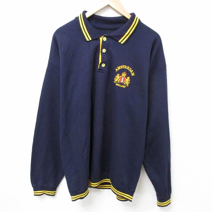 【50%OFF】XL★古着 長袖 スウェット メンズ 90年代 90s アムステルダム 襟付き オランダ製 紺 ネイビー 25mar14 中古 スエット トレーナー トップス