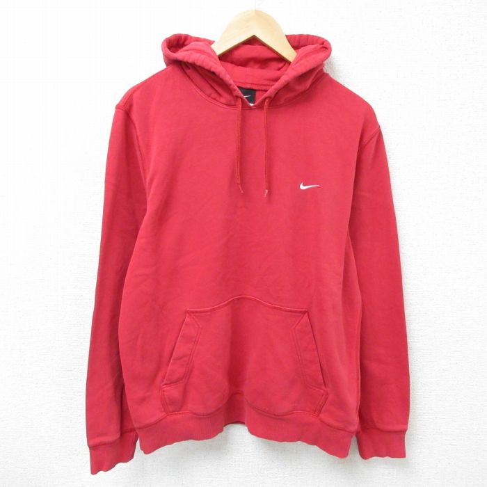 L★古着 ナイキ NIKE 長袖 スウェット パーカー メンズ ワンポイントロゴ 赤 レッド 25mar14 中古 スエット トレーナー トップス