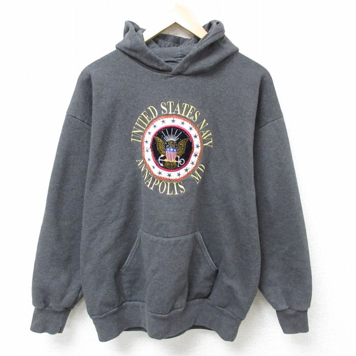 【50%OFF】L★古着 長袖 スウェット パーカー メンズ 90年代 90s NAVY アナポリス 刺繍 USA製 濃グレー 霜降り 25mar14 中古 スエット トレーナー トップス