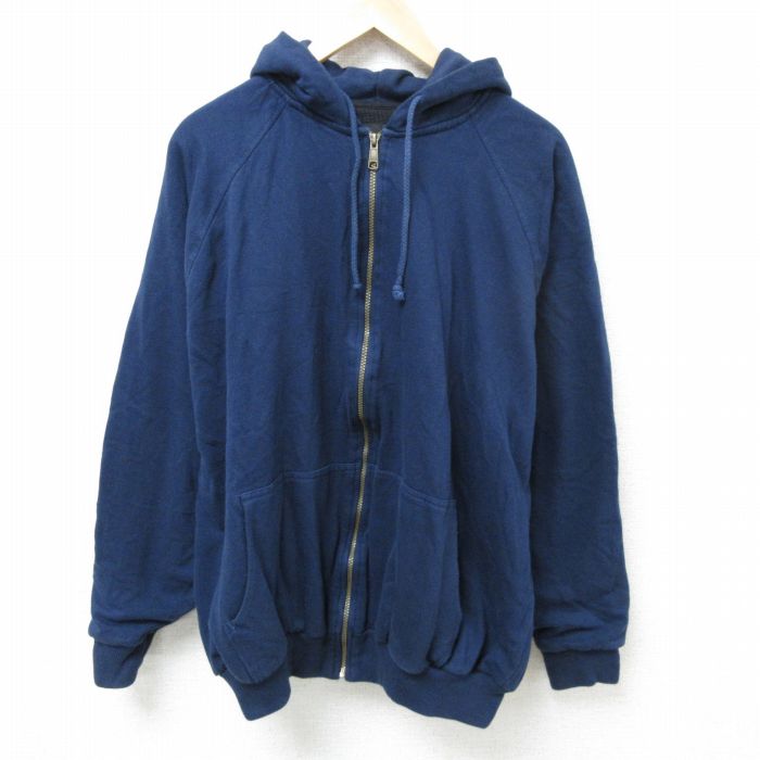 XL★古着 長袖 フルジップ スウェット パーカー メンズ 00年代 00s 無地 大きいサイズ ラグラン 紺 ネイビー 内側サーマル 【spe】 25mar14 中古 スエット トレーナー トップス