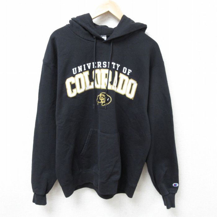 L★古着 チャンピオン Champion 長袖 スウェット パーカー メンズ コロラド 大学 刺繍 黒 ブラック 25mar14 中古 スエット トレーナー トップス
