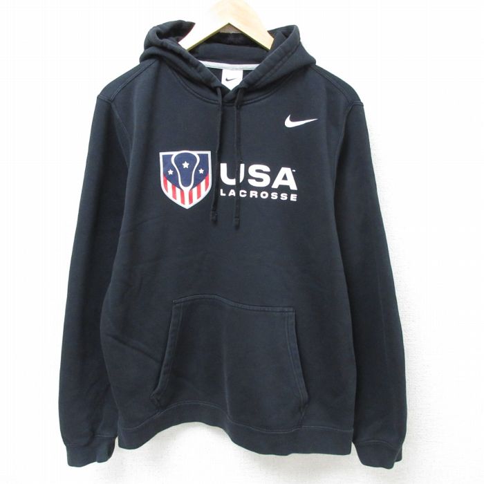 L★古着 ナイキ NIKE 長袖 スウェット パーカー メンズ ワンポイントロゴ USA 黒 ブラック 25mar14 中古 スエット トレーナー トップス